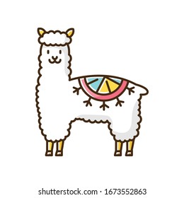 Alpaca RGB color icon. Peruvian domesticated cute woolly llama. South american adorable camelid. Hoofed ruminant animal from Andes. Camel-like funny mammal. Isolated vector illustration