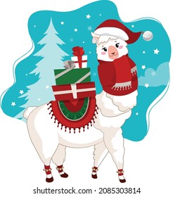 Alpaca in a scarf with a Christmas ball,gifts and bells in New Year's outfit. Funny winter card. New Year's poster. Baby animal concept illustration
