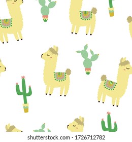 Alpaca seamless pattern. Cute hand drawn flat animals in traditional peruvian decorations. Trendy hipster llama background, perfect print for childish fabric, baby nursery. Vector illustration.
