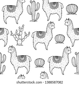 Alpaca seamless pattern. Hand drawn vector illustration. Cute llamas and cactus.  Alpaca, llama, cactus background.