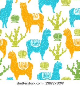 Alpaca seamless pattern. Hand drawn vector illustration. Cute llamas and cactus.  Alpaca, llama, cactus background.