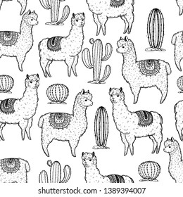 Alpaca seamless pattern. Hand drawn vector illustration. Cute llamas and cactus.  Alpaca, llama, cactus background.