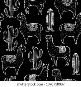 Alpaca seamless pattern. Hand drawn vector illustration. Cute llamas and cactus.