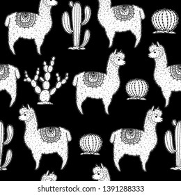 Alpaca seamless pattern. Hand drawn vector illustration. Cute llamas and cactus.  Alpaca, llama, cactus background.