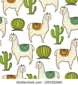 Alpaca seamless pattern. Hand drawn vector illustration. Cute llamas and cactus.  Alpaca, llama, cactus background.