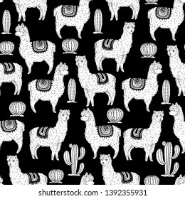 Alpaca seamless pattern. Hand drawn vector illustration. Cute llamas and cactus.  Alpaca, llama, cactus background.