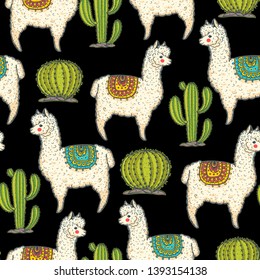 Alpaca seamless pattern. Hand drawn vector illustration. Cute llamas and cactus. Alpaca, llama, cactus background. 