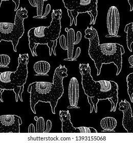 Alpaca seamless pattern. Hand drawn vector illustration. Cute llamas and cactus.