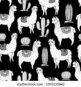 Alpaca seamless pattern. Hand drawn vector illustration. Cute llamas and cactus.  Alpaca, llama, cactus background.