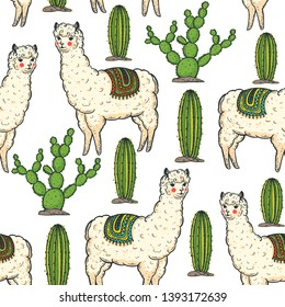 Alpaca seamless pattern. Hand drawn vector illustration. Cute llamas and cactus. Alpaca, llama, cactus background. 