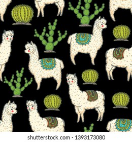 Alpaca seamless pattern. Hand drawn vector illustration. Cute llamas and cactus. Alpaca, llama, cactus background. 