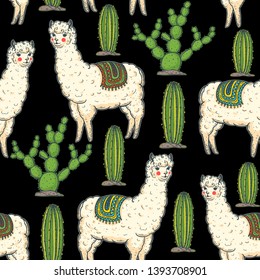 Alpaca seamless pattern. Hand drawn vector illustration. Cute llamas and cactus. Alpaca, llama, cactus background. 