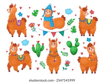 Conjunto de alpaca, lhama engraçada. Animal de criação no Peru. Ícone bonito do bebê. Ilustração isolada de estilo plano de desenho animado mexicano. Personagens de desenho de tela para filhos. Conjunto de animais de estimação divertidos com cactos. Adesivo de vetor arrumado