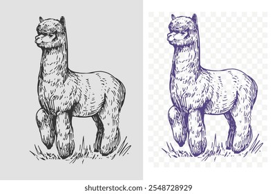 Alpaca sketch illustration, one color, shapes, hand drawn vector, transparent background