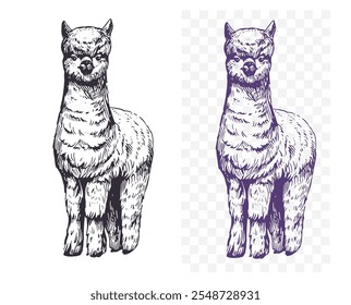 Alpaca sketch illustration, one color, shapes, hand drawn vector, transparent background