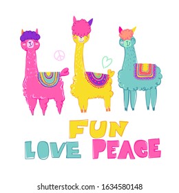 Alpaca t shirt design with hand written text composition LOVE PEACE FUN. Cartoon animal illustration