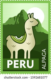 Alpaca. Travel to Peru poster design, postage stamp, sticker, banner.