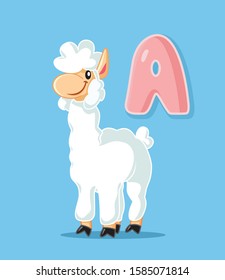 Alpaca Vector Cartoon Character with Letter A. Educational flashcard with capital letter and corresponding visual
