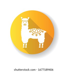 Alpaca yellow flat design long shadow glyph icon. Peruvian domesticated cute woolly llama. Hoofed ruminant animal from Andes. Camel-like funny mammal. Silhouette RGB color illustration