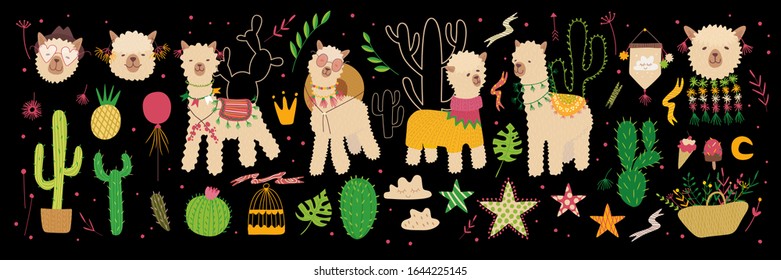 alpacas y cactus. colección para la celebración e impresión en la industria de la impresión. Gráficos vectoriales