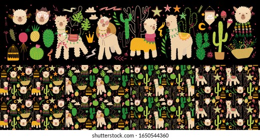 alpacas and cacti. collection for the celebration and printing in the printing industry. Vector graphics