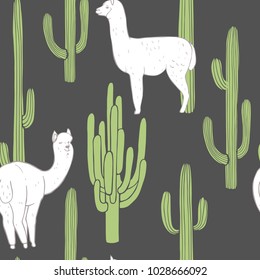 Alpacas and cacti. Vector seamless pattern
