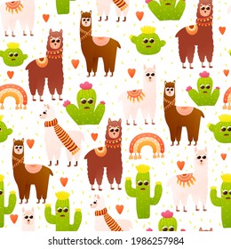 Alpacas and cactus seamless pattern on white background, colourful llamas in different poses, peru tribal ornates