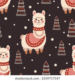 alpacas christmas on the background of fir trees