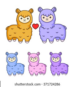 Alpacas in love. Lama. A collection of colorful illustrations. Lovely toy animals. 