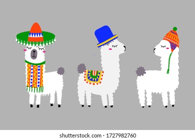 Alpacas wearing hats set. Cute lama with traditional peruvian, bolivian, mexican hats. Chullo, sombrero and bowler hat. Flat cartoon happy characters collection. 