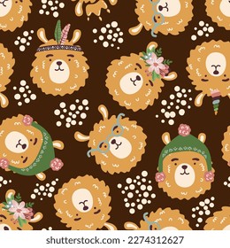 Alpaka in glasses, hat, feathers, flowers, crown vector seamless pattern. Hand drawn lama childish texture for fabric, textile. Llama vector illustration.