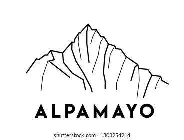 Alpamayo, Peru. Vector black and white illustration of mount. Cordillera, Blanca, Andes. Print design. Hand drawn illustration of mountains in South America 