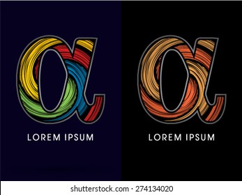 Alpha ,Abstract , font, concept Spin,designed using colors and gold silver bronze grunge brush,sign ,logo, symbol, icon, graphic, vector.