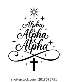 Alpha Christian Christmas Tree Typography with Cross and Bethlehem Star, Minimal Faith Holiday Design Isolated on White
