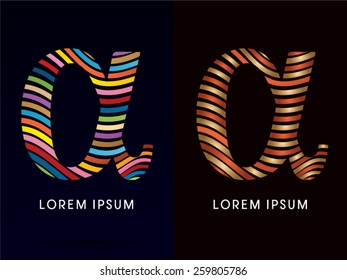 Alpha ,colorful font and luxury font ,designed using colorful line on dark background, concept move, wave, water, freestyle, happy, fun, joy, fantasy ,logo, symbol, icon, graphic, vector.