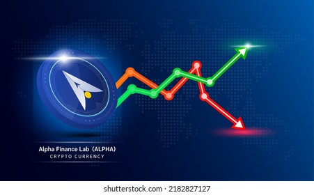 Alpha Finance Lab coin blue. Cryptocurrency token symbol with stock market investment trading graph green and red. Economic trends business concept. 3D Vector illustration. svg