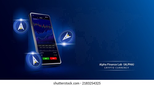 Alpha Finance Lab coin and Phone. App for trading crypto currency on the touch screen smartphone. Data analytics stock market. Mobile banking cryptocurrency. Vector 3d.  svg