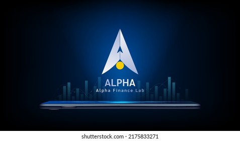 Alpha Finance Lab crypto currency token symbol come out from smartphone. Coin icon on dark background. Trading cryptocurrency in stock market on application. For website or banner. Vector illustrator. svg