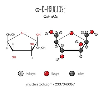 Representación alfa de fructosa. Fórmula esquelética e ilustración de estructura 2d. ilustración de estilo Web. Vector editable