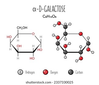 Representación de galactosa alfa. Fórmula esquelética e ilustración de estructura 2d. ilustración de estilo Web. Vector editable