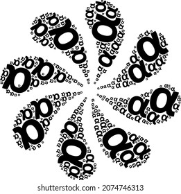 Alpha Greek lowercase symbol icon exploding cluster flower salute shape. Flower cycle composed using random Alpha Greek lowercase symbol symbols.