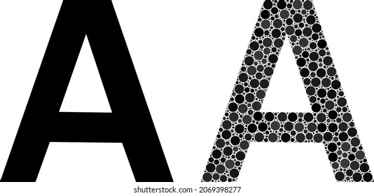 Alpha Greek symbol vector collage of dots in different sizes and color tinges. Dots are united into Alpha Greek symbol vector collage. Abstract vector illustration.