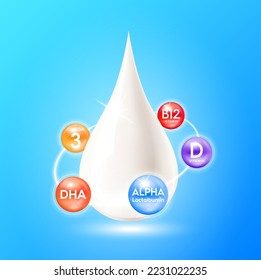 Alpha lactalbumin nutrients DHA omega 3 and vitamin D ring surrounds the milk droplets. Protein containing essential amino acids for infant. Design products kids food. Medical concepts. 3D Vector.