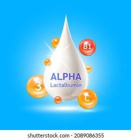 Alpha lactalbumin omega 3 and vitamin B1, C. Whey protein containing essential amino acids for infant. Design logo products kids food. Benefits of food improving heart, brain. Vector.