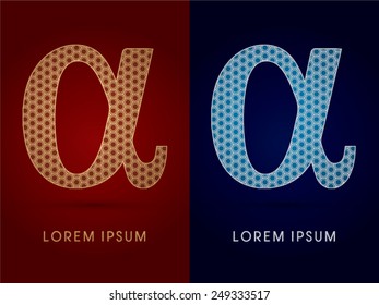 Alpha ,Luxury font ,designed using gold and silver geometric on dark red and dark blue background, concept shape from screws, hexagon, honeycomb, jewelry,gems ,logo, symbol, icon, graphic, vector.