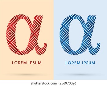 Alpha ,Luxury font, designed using red and blue line square geometric shape, hot and cool tone, logo, symbol, icon, graphic, vector.