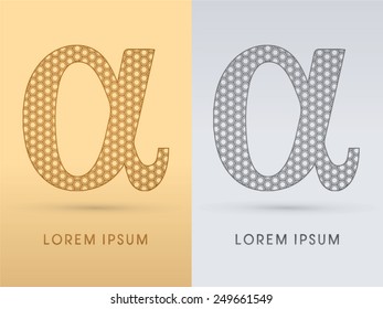 Alpha ,Luxury  outline font ,designed using geometric on gold background, concept shape from screws, hexagon, honeycomb, jewelry, gems , logo, symbol, icon, graphic, vector.