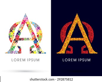Alpha and Omega, Font, designed using Jigsaw puzzle pattern, graphic vector.