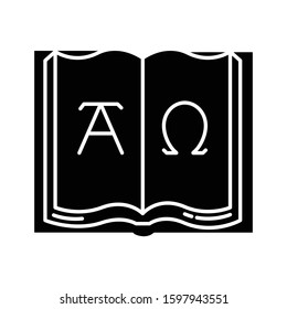 Alpha and Omega glyph icon. Beginning and end. Open book with letters of Greek alphabet. Book of Revelation of John. Silhouette symbol. Negative space. Vector isolated illustration