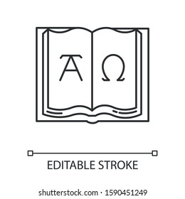 Alpha and Omega linear icon. Beginning and end. Open book with letters of Greek alphabet. Book of John. Thin line illustration. Contour symbol. Vector isolated outline drawing. Editable stroke